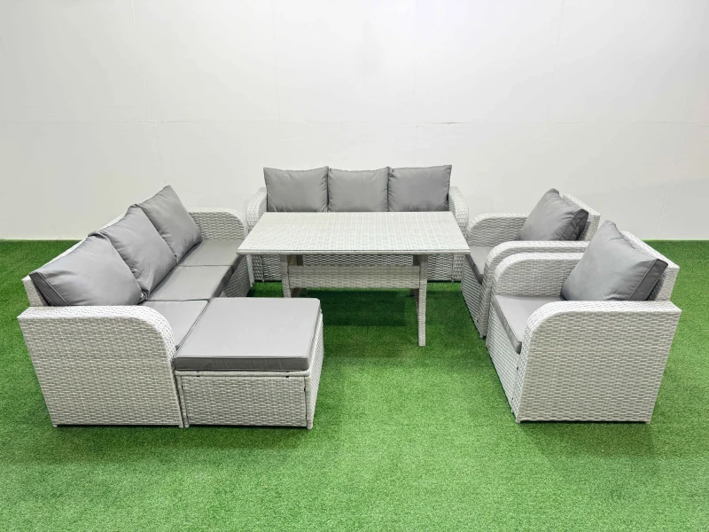 Image of Fimous PE Rattan High Back Lounge Sofa Set Patio Rectangular Dining Table & Chairs Set with 3 Seater Sofa Reclining Chair Big Footstool Light Grey Lig