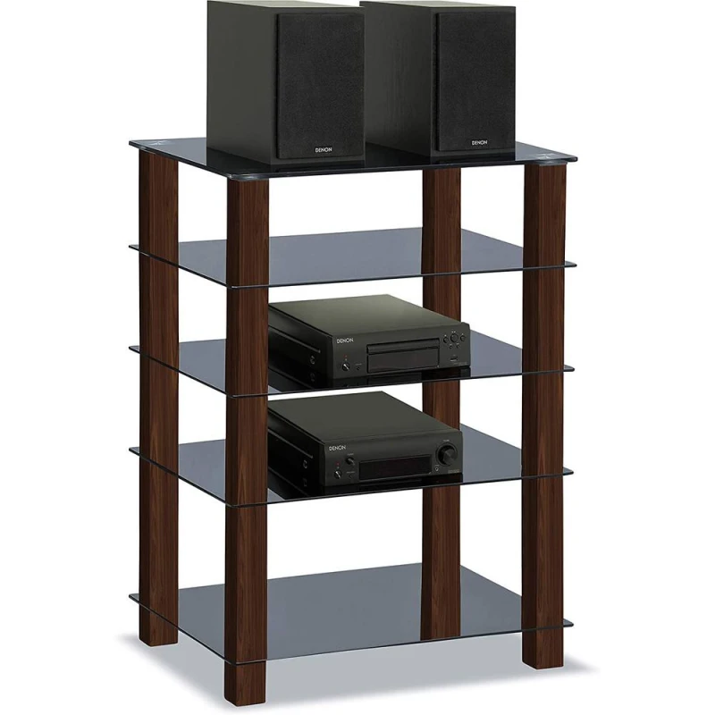 Image of CENTURION SUPPORTS Centurion Supports TRINITY Gloss Black 5 Shelf with Walnut Legs Flat Screen TV Rack Glass Stand Trinity Black Walnut