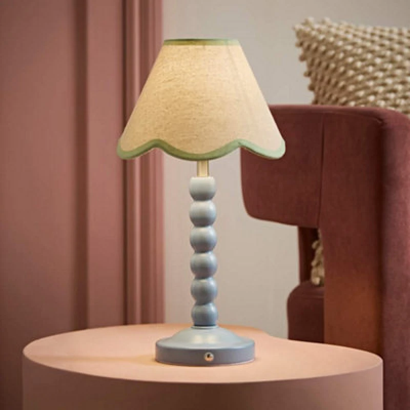Image of Valuelights Bobble Green Scallop Trim Shade Blue Rechargeable Wooden Table Lamp
