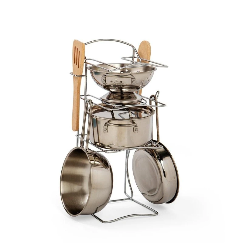 Image of Bigjigs Toys Stainless Steel 8 Piece Cooking Pot Rack Silver