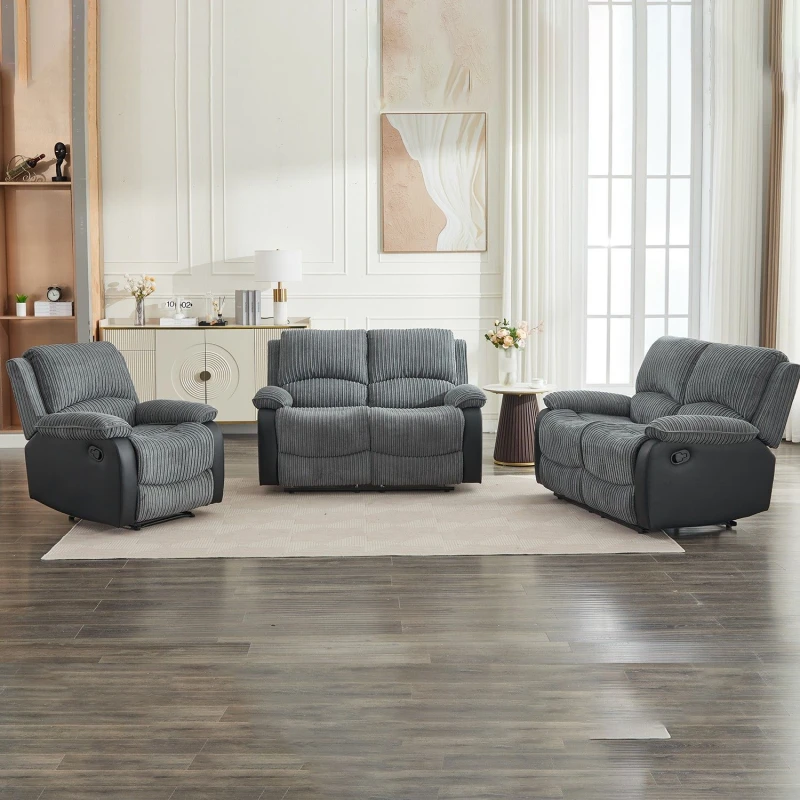 Image of FURNITURE ONE Manual Reclining Sofa Set, Corduroy Fabric Sofa Suite - 1+2+2 Sofa Set in Grey Size: 1 Pack Grey Unisex 1 Pack