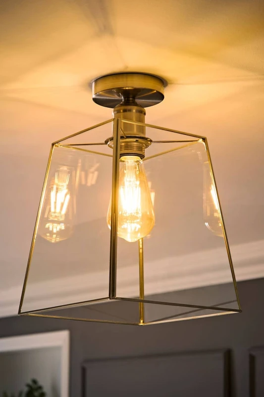 Image of ValueLights Susie Glass Lantern Lamp Shade Flush Ceiling Light with Filament Bulb in Silver Silver Unisex