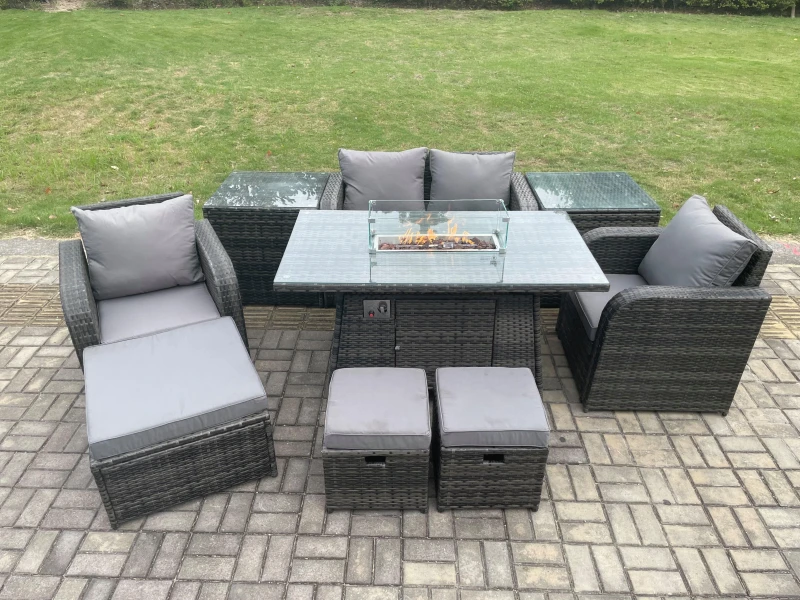 Image of Fimous Rattan Garden Furniture Set Outdoor Patio Gas Fire Pit Dining Table and Chairs with 2 Side Table Dark Grey