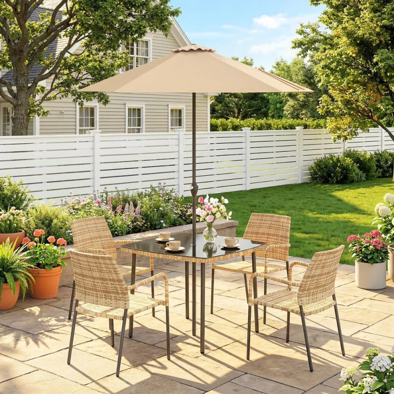 Image of OUTSUNNY 4 Seater Rattan Dining Set with Parasol, Light Brown Light Brown Unisex