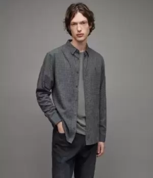 Image of AllSaints Mens Delancey Gingham Shirt, Charcoal, Size: L