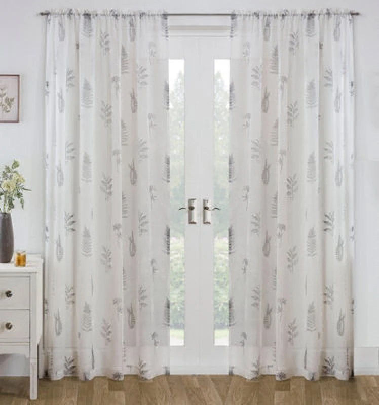 Image of Tyrone Textiles Bracken Grey Leaf Print Linen-Look Voile Panel - Pair 140 X 122cm (55X48")
