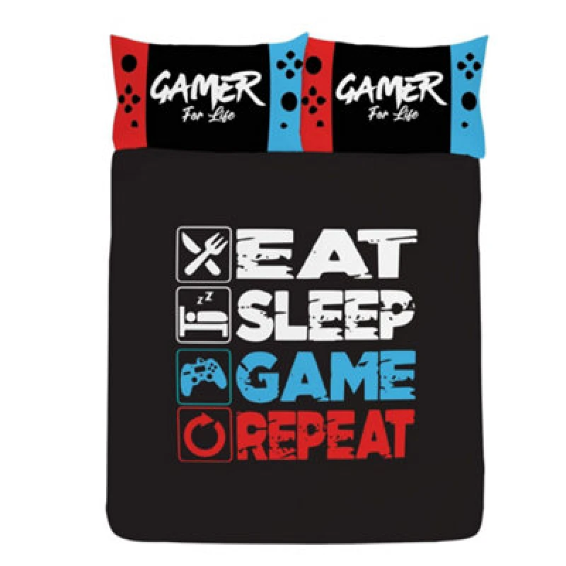 Image of Floso Eat Sleep Game Repeat Reversible Duvet Set Black/white/red/blue (Double)