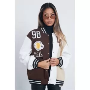 I Saw It First Chocolate Spliced Graphic Varsity Oversized Jacket - Brown