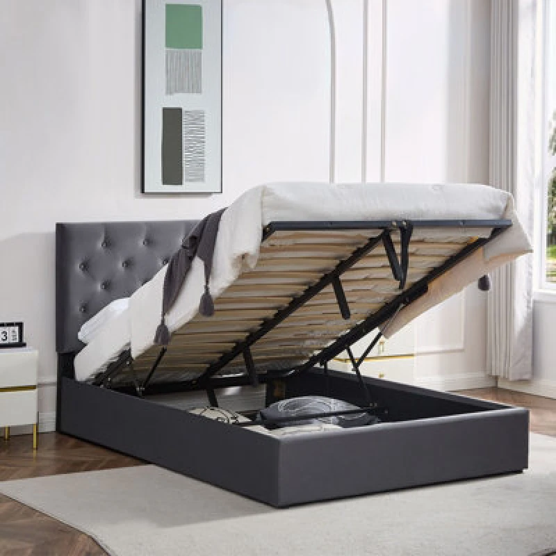 Image of Ottoman Storage Bed Frame With Underbed Storage, Adjustable Button Headboard