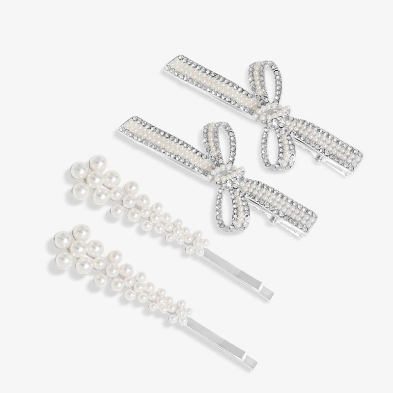 Image of Jon Richard Silver Plated Pearl Bow And Floral Hair Slides - Pack Of 4 Silver