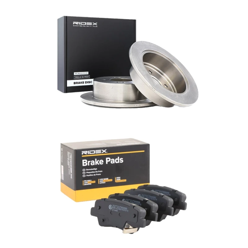 Image of RIDEX 3405B2386 Brake disc and pads set Rear Axle, Brake Disc Type: Solid, with acoustic wear warning Brake Set,disc brakes (3405)