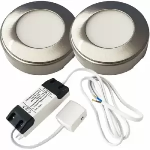 Image of 2x brushed nickel Round Surface or Flush Under Cabinet Kitchen Light & Driver Kit - Warm White led