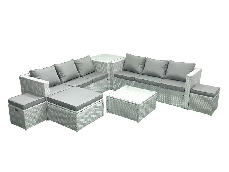 Image of Fimous Rattan Garden Outdoor Furniture Set 9 Seater Rattan Garden Sofa Set with 3 Footstools Side Table Light Grey Mixed Light Grey