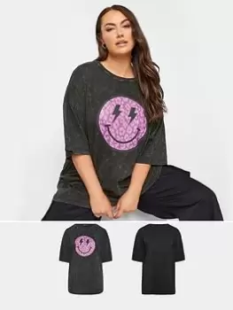 Image of Yours Boxy Tee 2 Pack. Black/acid Smiley, Black, Size 16, Women
