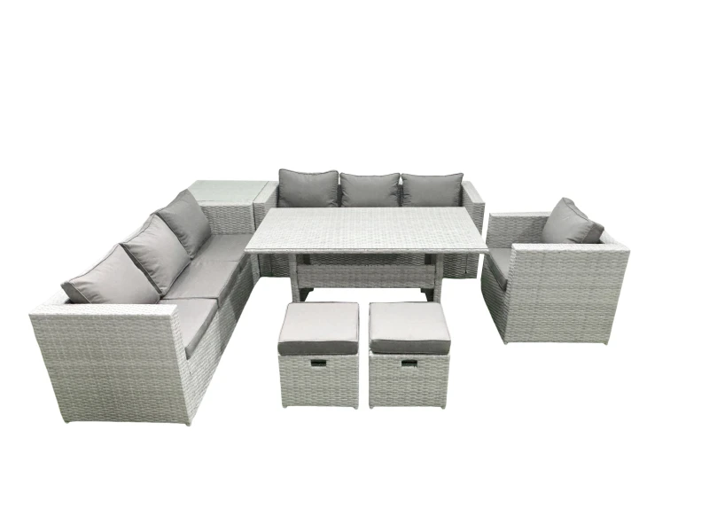 Image of Fimous 7 Pieces Outdoor Rattan Sofa Set with Cushions Patio Garden Furniture Sets with Armchair Dining Table Side Table 2 Small Footstools Light Grey