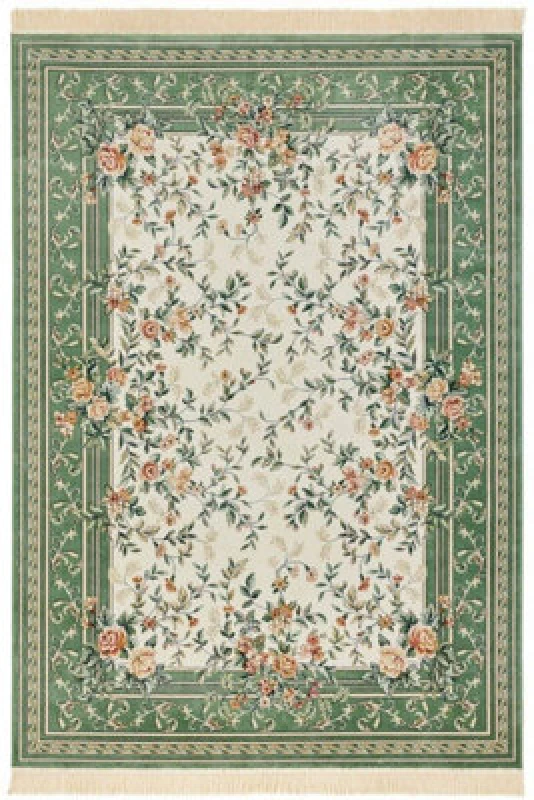 Image of The Rugs Oriental Velvet Antik Flowers Rug - Floral Fringed Viscose Carpet In Green