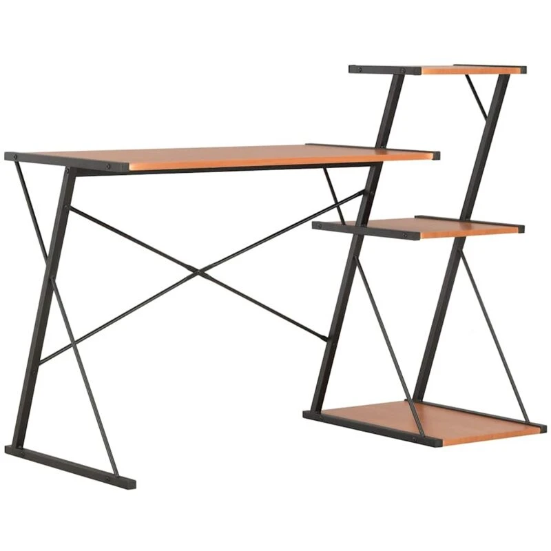 Image of vidaXL Computer Desk with 3 Tier Bookcase X-Shape Legs Black and Brown PC Desk