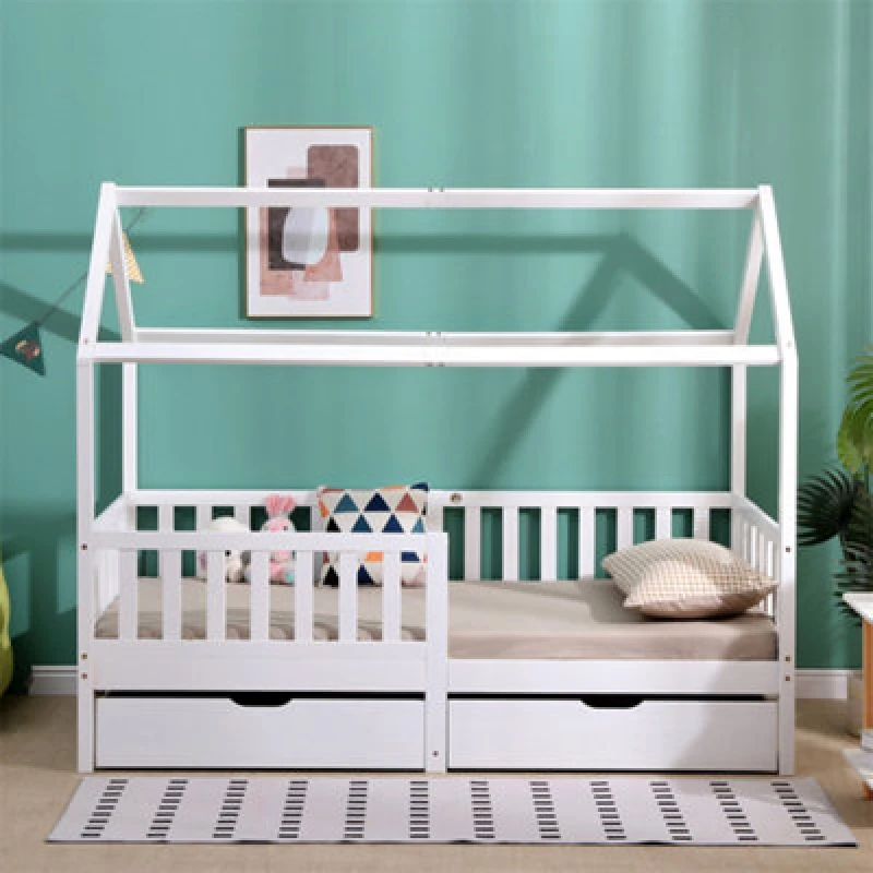 Image of 1001 Furniturehmd Wooden Kids Bed Frame,solid Pine Wood,3 Ft Single House Bed Frame,chidren Floor Bed With Two Drawers