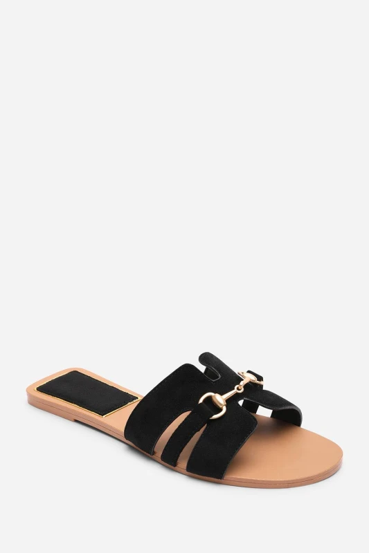 Image of Where's That From Womens Dorina Embellished Wide Fit Suede Slide On Sandals in Black Size: 4-Wide Fit Black Female 4-Wide Fit