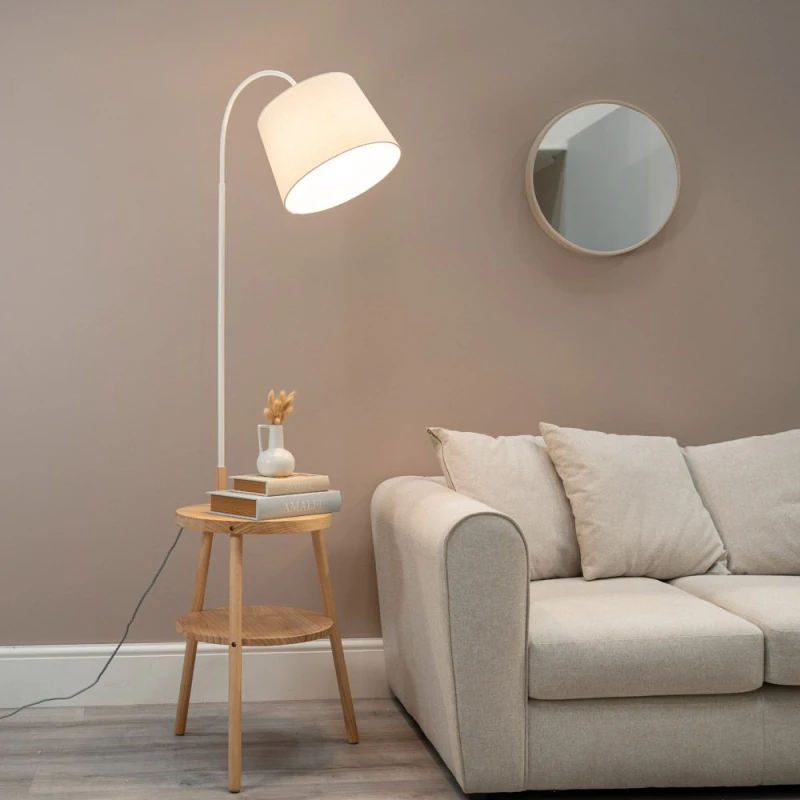 Image of ValueLights Crowther Wooden Side Table Shelved Tripod Floor Lamp with Fabric Shade & Bulb Natural