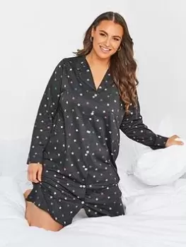 Image of Yours Star Button Through Long Sleeve Nightdress - Charcoal Grey, Size 18-20, Women