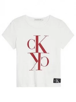 Image of Calvin Klein Jeans Girls Monogram Cropped Short Sleeve T-Shirt - White, Size Age: 14 Years, Women