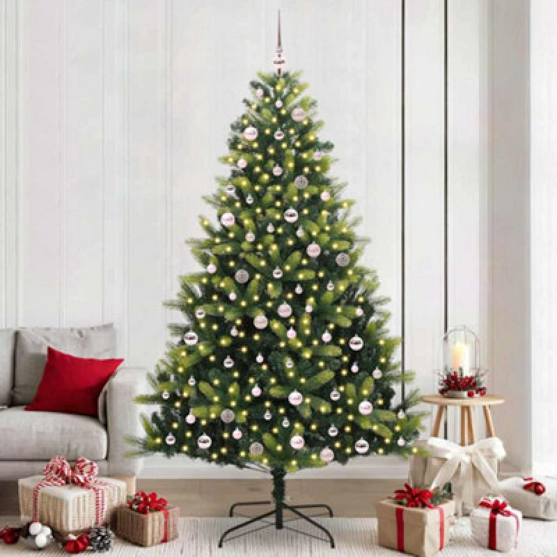 Image of vidaXL Artificial Hinged Christmas Tree 300 LEDs and Pink Balls Green 240 cm, Green 3396011