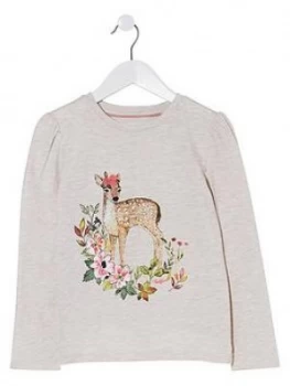 Image of FatFace Girls Long Sleeve Deer Graphic T-Shirt - Oatmeal, Size Age: 9-10 Years, Women