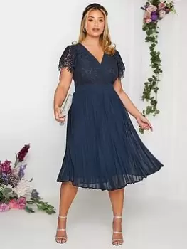 Image of Yours Curve Occasion Lace Wrap Pleat Midi Dress, Navy, Size 16, Women