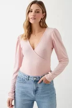 Image of Rib Wrap Puff Sleeve Top