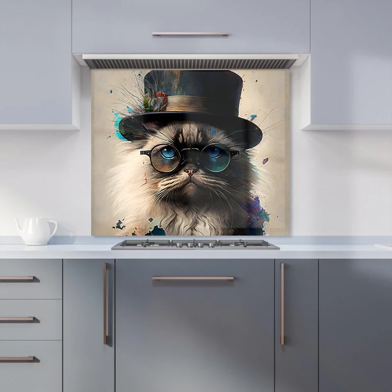 Image of Warren Reed - Designer Ragdoll Cat With Glasses Splashart Kitchen Splashback Size: 600mm x 750mm Multicolor Unisex 600mm x 750mm