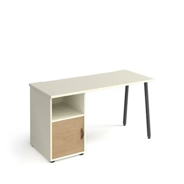 Image of Sparta straight desk 1400mm x 600mm with A-frame leg and support pedestal with cupboard door - charcoal frame, white finish with oak door