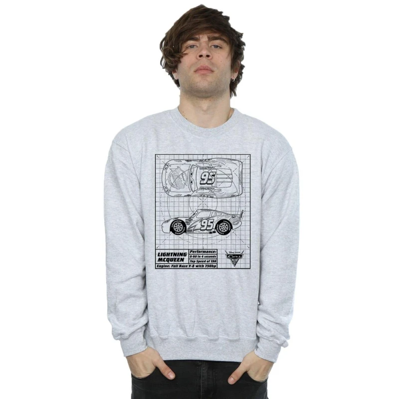 Image of Disney Men Cars Lightning McQueen Blueprint Sweatshirt in Grey Size: Small Grey S Male 5057245930741