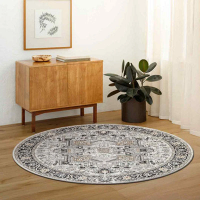 Image of Livabliss Round Machine Washable Oriental Boho Beige Liana Area Rug 200 X 200 Cm - Easy Care, Ideal For Living Room & Bedroom
