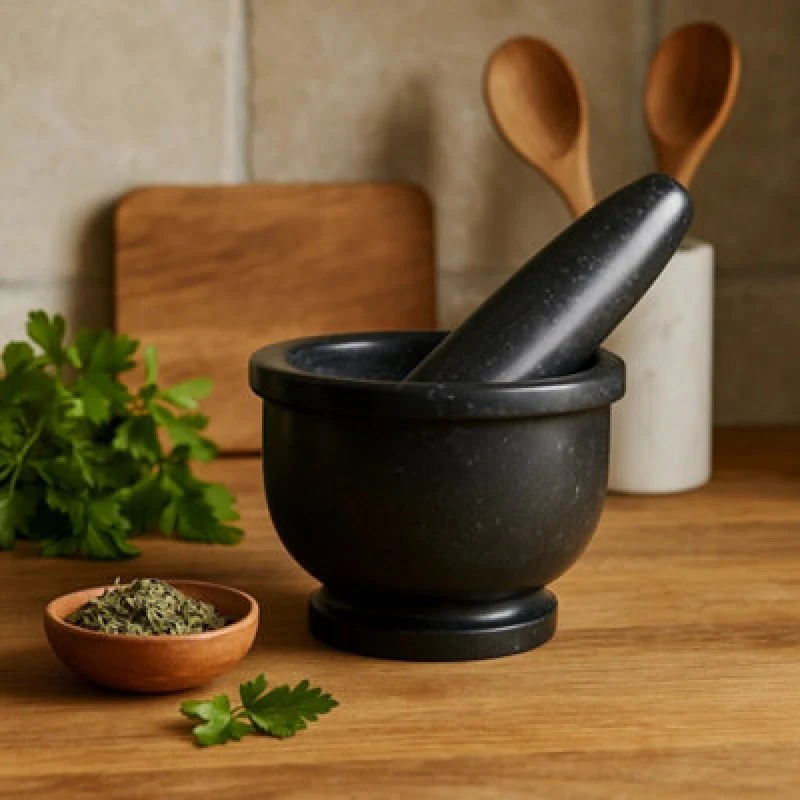 Image of Premier Housewares Salerno Black Marble Mortar And Pestle With Rim Black