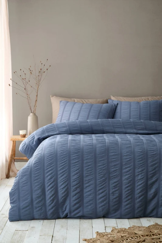 Image of Pineapple Elephant 'Waffle Seersucker' Duvet Cover Set in Blue Size: Super King Blue Unisex Super King