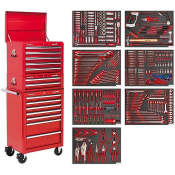 image of Sealey Superline Pro 14 Drawer Roller Cabinet, Mid and Top Tool Chests + 446 Piece Tool Kit Red