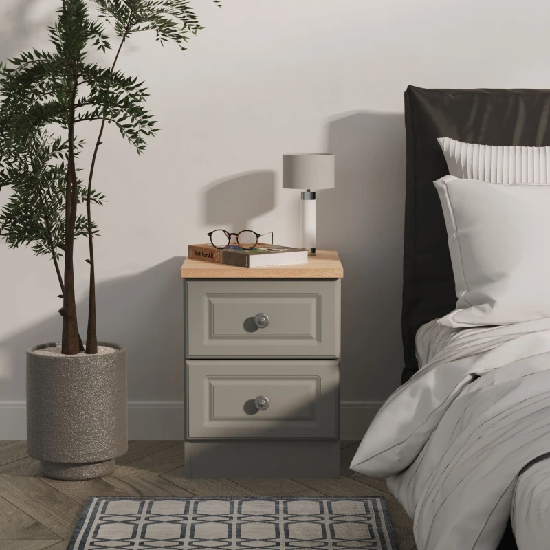 Image of Welcome Furniture Ready Assembled Norfolk 2 Drawer Bedside Cabinet In Dusk Grey & Bardolino Oak, Grey NOR005DGBO