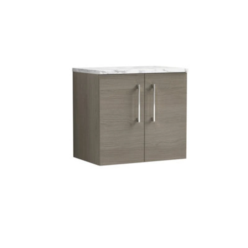 Image of Nuie Arno Wall Hung 2-Door Vanity Unit & Laminate Worktop In Solace Oak Woodgrain, Modern Counter Top Vanity Unit In Solace Oak