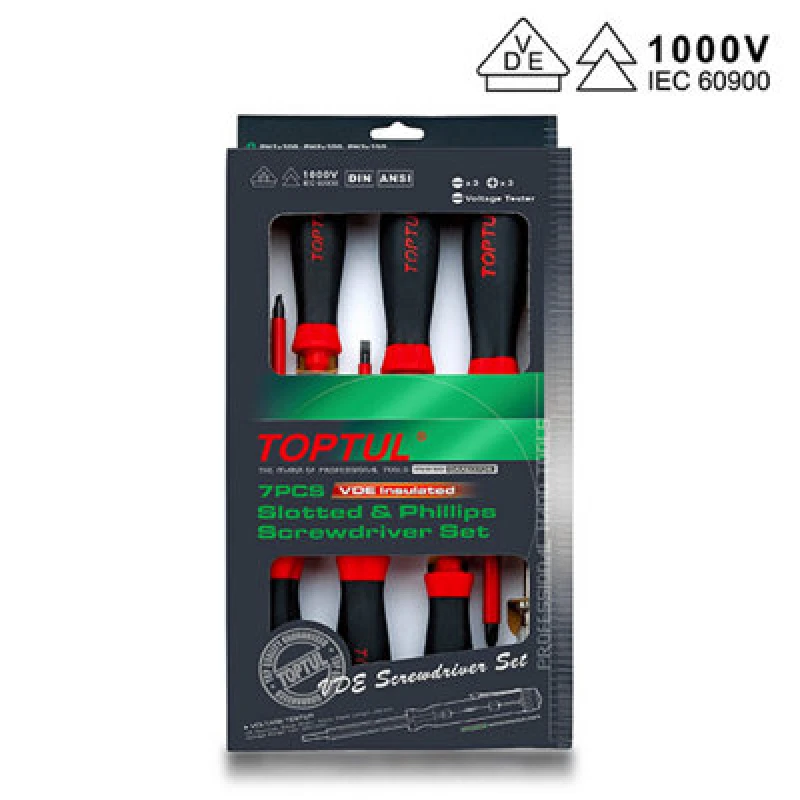 Image of Toptul Vde Insulated Screwdriver Set 7 PC Slotted & Phillips V Tester Gaae0704