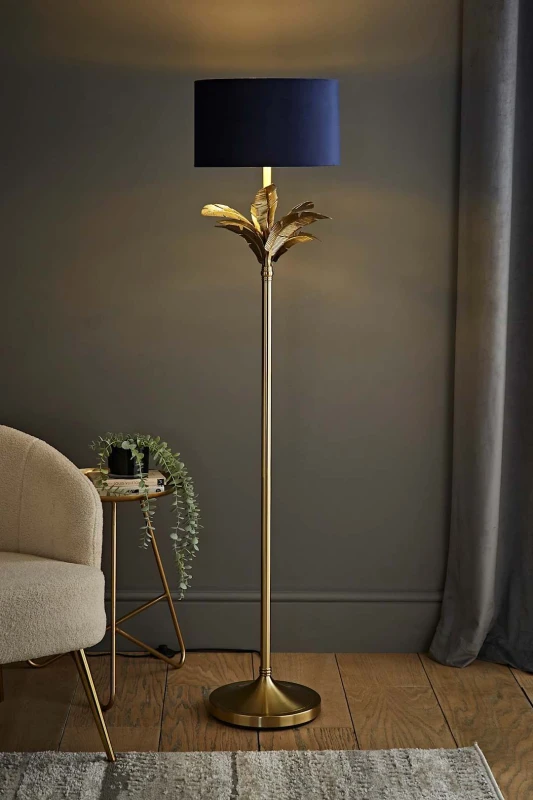 Image of ValueLights ValueLights Christina Velvet with Gold Metallic Inner Drum Shade Gold Palm Leaf Floor Lamp in Navy Navy One Size Unisex 5059406065392