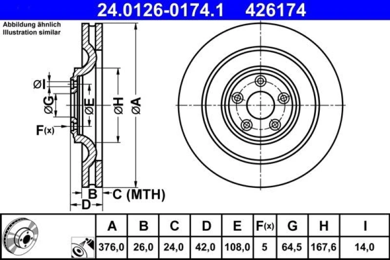 Image of ATE 24.0126-0174.1 Brake disc Vented, Coated, Alloyed/High-carbon Brake Disc (82)