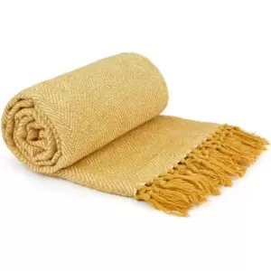 Image of Herringbone Throw 70x100' Ochre Recycled Cotton Blanket Throwover