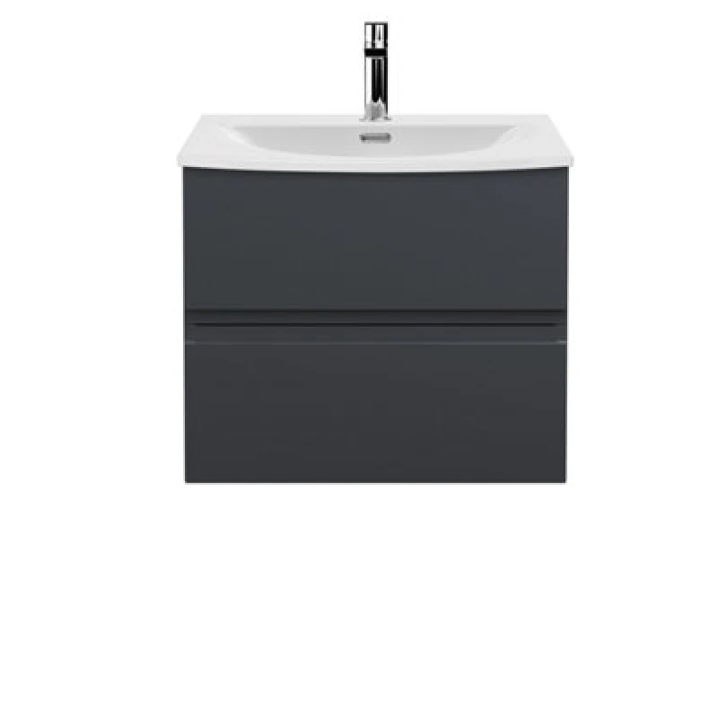 Image of Nuie Hudson Reed Urban Wall Hung 2 Drawer Vanity Unit With Curved Ceramic Basin, Modern Bathroom Furniture In Soft Black, 600mm