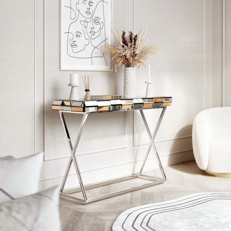 Image of CARME HOME Carme Home - Knightsbridge - Luxury Mirrored Console Table 3D Glass Effect Chrome Crossed Legs Rose Gold Modern Hallway Living Room Furnitu