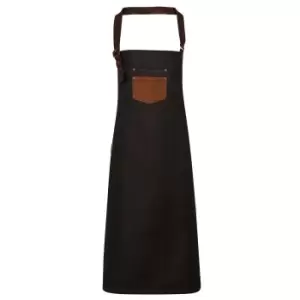 image of Premier Unisex Adults Division Waxed Look Faux Leather Denim Bib Apron (black/Tan Denim)