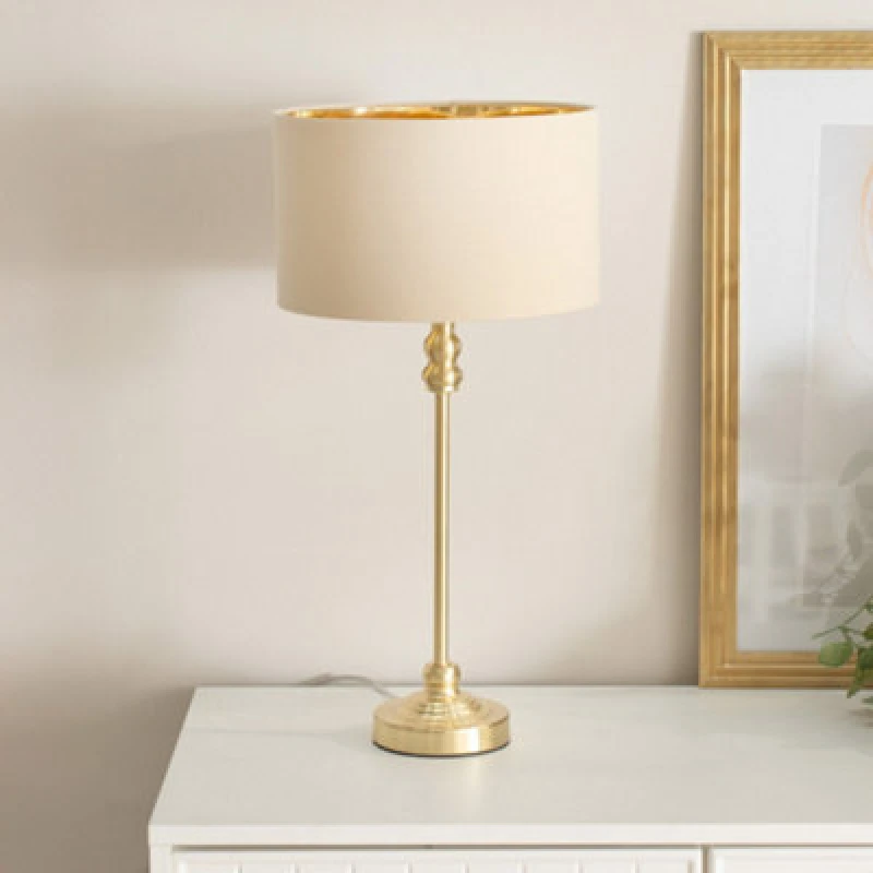 Image of ValueLights ValueLights Maggie Gold Candlestick Table Lamp with Fabric Drum with Gold Inner Lamp Shade in Natural Natural One Size Unisex 505940606183
