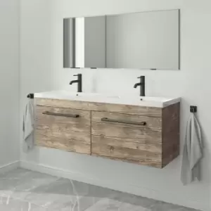 image of 1200mm Wood Effect Wall Hung Double Vanity Unit with Basin and Black Handles - Ashford