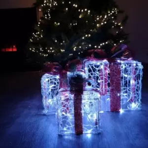 Image of Samuel Alexander - Set of 3 LED Christmas Parcel boxes in White with Red Ribbon