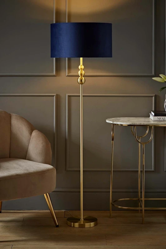 Image of ValueLights ValueLights Marissa Gold Stacked Ball Floor Lamp with Velvet Drum with Gold Inner Shade in Dark Navy Dark Navy One Size Unisex 50594060601
